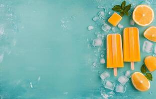 Refreshing fruit sorbets in cups surrounded by ice on a blue wooden surface photo