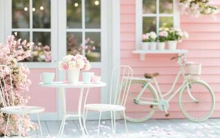 Charming pink cafe with bicycle and floral decorations on a sunny day photo