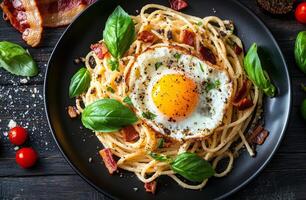 Delicious spaghetti topped with a fried egg and accompanied by crispy bacon on a black plate photo
