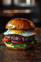 Delicious burger with lettuce, fried egg, tomato, and onion on a wooden table photo