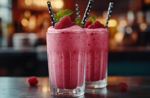 Raspberry smoothies served in glasses with striped straws at a caf in the afternoon photo