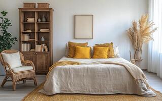 Modern bedroom with yellow accents and a plant, showcasing cozy decor in an inviting atmosphere photo