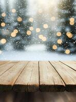 Snowfall creates a serene atmosphere with glowing lights and wooden table backdrop in winter photo