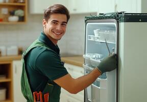 Appliance repair technician smiling while fixing a refrigerator in a modern kitchen setting photo