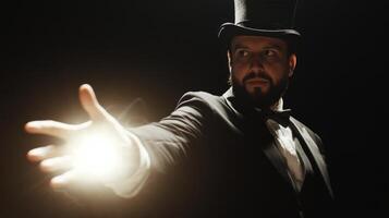 Magician performs an enchanting illusion in a dimly lit theater during a captivating show photo