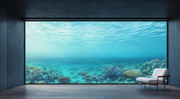 Modern interior with large aquarium view featuring vibrant coral reef and marine life photo