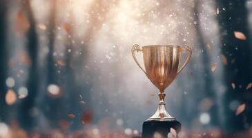 Golden trophy surrounded by falling leaves in a serene landscape at twilight photo