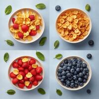 Fresh strawberries, cereals, and blueberries arranged in bowls on a dark textured surface photo