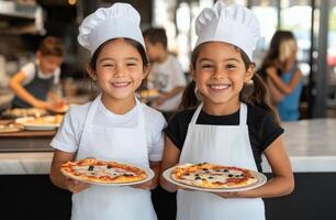 Young chefs proudly present freshly made pizzas at a cooking class photo