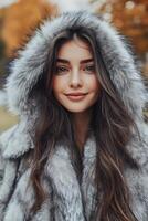 Elegant woman in luxurious fur coat with an enchanting forest backdrop during golden hour photo