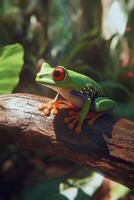 Red eyed tree frog resting on a log in a lush tropical environment during daylight hours photo