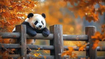panda descansando en un de madera cerca en un vibrante otoño bosque con dorado hojas foto