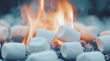 Marshmallows roasting over a campfire by a serene lakeside at dusk photo