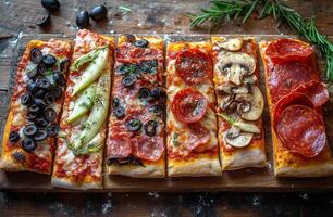Delicious six varieties of baguette style pizzas topped with fresh ingredients on a wooden board photo