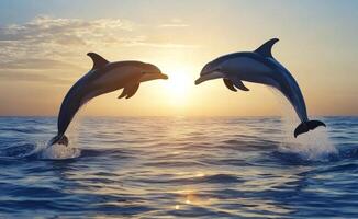 Dolphins jumping in the ocean at sunset near a serene coastline photo