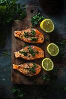 Fresh salmon fillets seasoned with herbs and citrus on a wooden board for cooking preparation photo