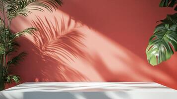 Soft green palm leaves cast shadows on a pastel pink wall in a bright indoor setting photo