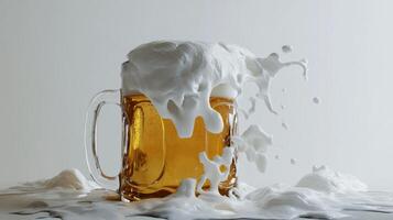Refreshing beer overflowing from a glass mug with frothy bubbles on a neutral background photo