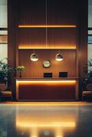 Modern reception area with clean lines and warm lighting in a stylish interior design setting photo