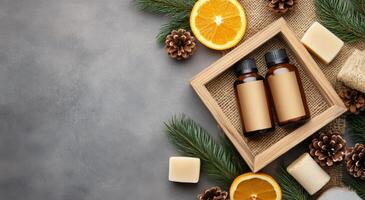 Aromatherapy setup with essential oils, natural ingredients and seasonal decorations on a table photo