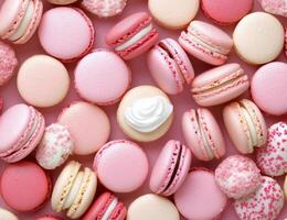 Colorful assortment of pink macarons displayed on a pastel background photo
