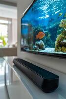 Modern living room with soundbar and aquarium view on television screen photo