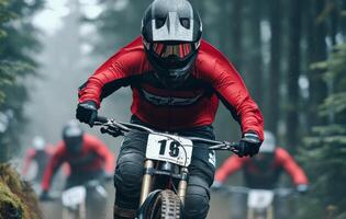 Mountain biking competitors navigate through a misty forest trail during a challenging race photo