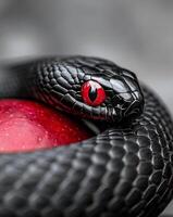 Snake coiling around a red ball in a close up view with vibrant colors and textures photo