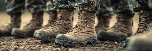 Soldiers standing in formation wearing tactical boots on a gravel path during training session photo