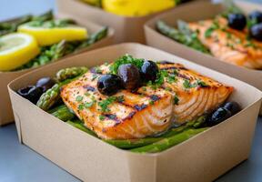 Grilled salmon fillet served with asparagus and olives in a takeout container photo