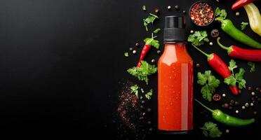 Colorful assortment of fresh ingredients and hot sauce on a dark surface in a kitchen setting photo