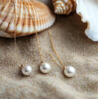 Elegant pearl necklaces displayed on sandy beach with seashells in the background photo