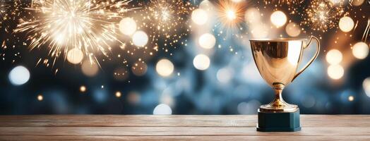 Celebration of achievement with a golden trophy surrounded by festive lights photo