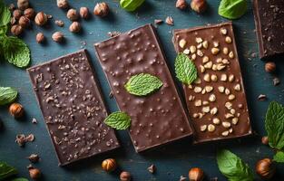 Delicious dark chocolate bar with mint leaves and hazelnuts arranged on a rustic wooden background photo