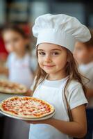Young chef smiling proudly while holding a freshly made pizza in a cooking class photo