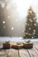Cozy holiday setting with decorated tree and gift boxes on wooden table photo