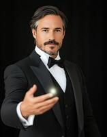 Elegant magician performing a breathtaking illusion in a classic tuxedo at a formal event photo