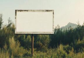 Blank billboard stands by winding road surrounded by lush greenery in bright daylight photo