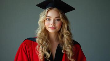 Graduation portrait of a young woman in a red gown and cap against a neutral background photo
