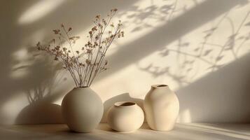 Elegant white vases with dried flowers on a soft lighted table in a minimalistic setting photo
