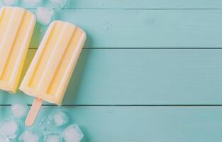 Refreshing fruit sorbets in cups surrounded by ice on a blue wooden surface photo