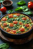 Fresh vegetable quiche with spinach and cherry tomatoes on a rustic wooden table photo