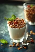 Creamy yogurt topped with crunchy granola and fresh fruit served in a clear glass dish photo
