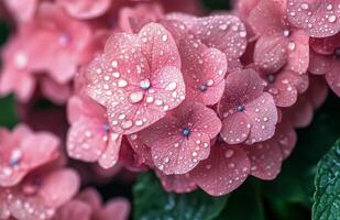 Beautiful pink hydrangea flowers covered in morning dew in a lush garden setting photo