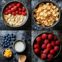 Fresh berries and cereals arranged in bowls on a textured surface with a wooden spoon photo