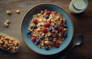 Healthy breakfast bowl with oat flakes, fresh berries, and milk on a wooden table in the morning photo