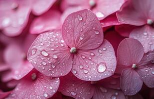 Beautiful pink hydrangea flowers covered in morning dew in a lush garden setting photo