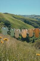 Baby clothes drying on a clothesline against a scenic countryside backdrop in bright sunlight photo