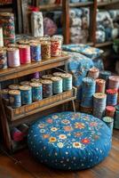 Colorful display of spools and embroidered fabrics in a vintage sewing studio photo