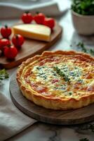 Delicious homemade quiche displayed on a wooden board with fresh ingredients around photo